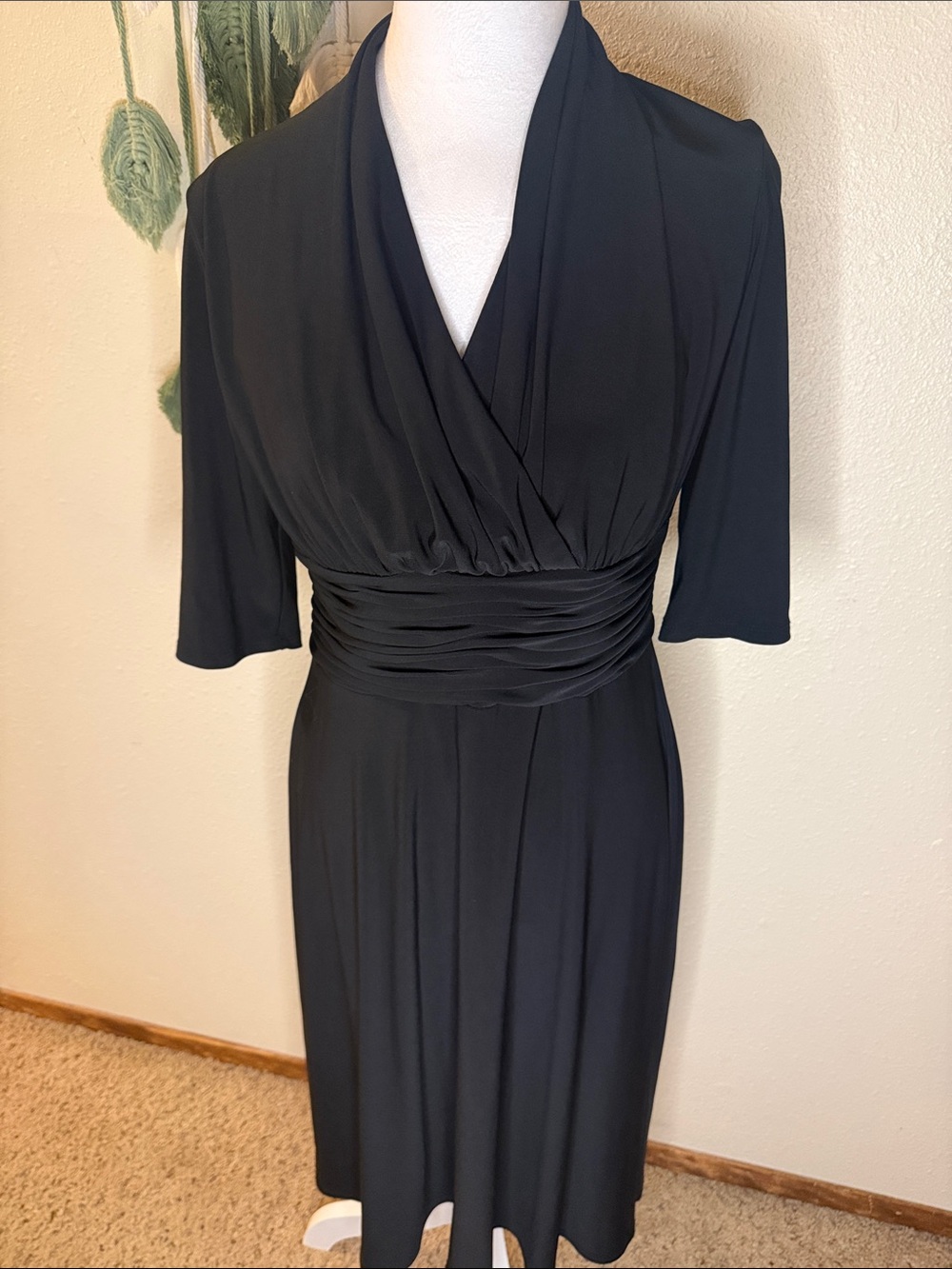 Evan Picone Black Faux-Wrap Ruched Waist Midi Dress